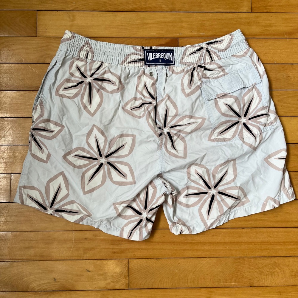Vilebrequin Mens Floral Swim Trunks Light Blue Tan Moorea Shorts XL